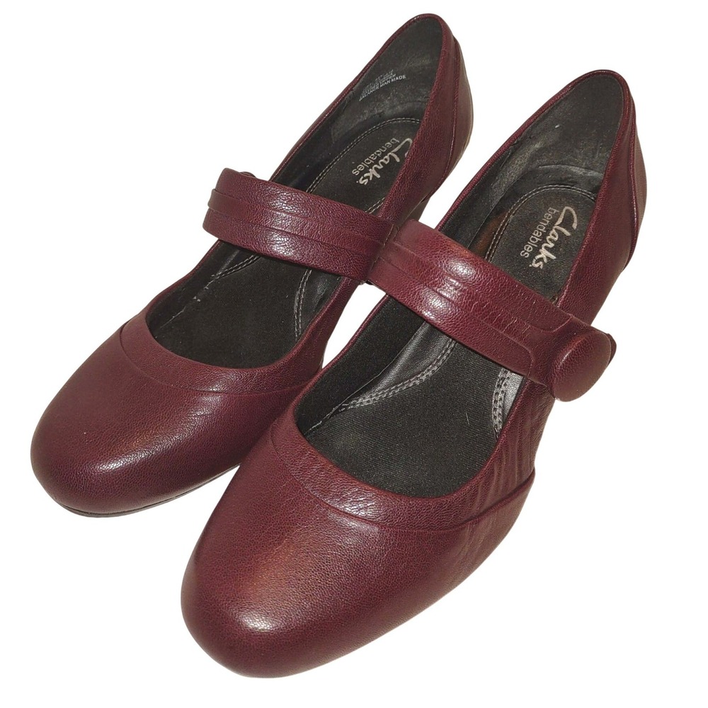Clarks Bendables Womens 8.5 M Burgundy Leather Mary Jane Block Heels 83741 Retro